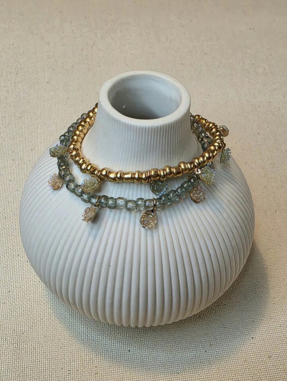 Floral Charm Stretch Bracelet Stack • Gold & Sage Glass Seed Beads